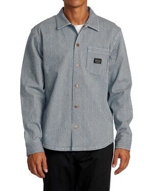 RVCA Chainmail Overshirt M Mens Blue Hickory White Striped Shacket Relaxed Fit